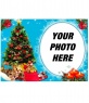 Your photo in a circular frame, next to a Christmas tree full of gifts, and behind