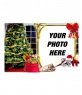 Christmas card in which your photo appears in a gold frame with a red ribbon and a