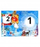 Seasons Greetings folding a card depicting a snowy landscape with fir trees and