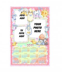 Customizable calendar with 3 photos of 2011. Especially for baby girl, by the predominantly pink. See a baby blue dress and children's clothes hung between soap bubbles and a smiling
