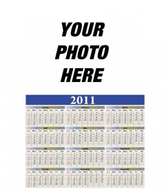English calendar for 2011, body of ocher and blue, with customizable special photo of your choice, to appear in the top of the calendar, as is