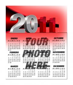 2011 Calendar of red, customizable with your photo. The year is in large metal gray and red. It is written in Castilian, but the order of the days of the week is the English system, with Sunday ahead. 842