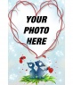 Heart-shaped frame and blue background with two animals, hearts and butterflies