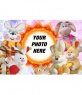 Photo frame surrounded by pictures of stuffed animals