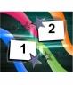 In this image of dark green background, colorful lines and stars we include two
