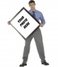 A young guy in a suit holding the frame of a painting, where you can frame your