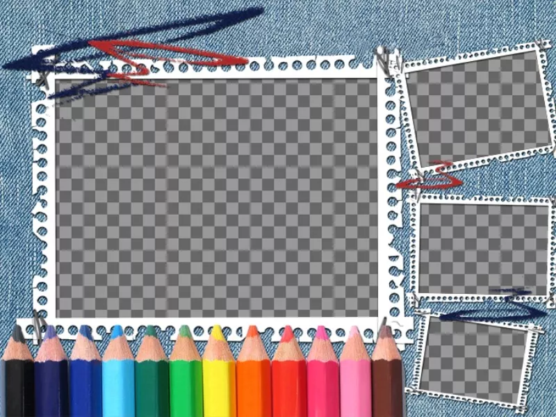 Ideal for back to school denim background and colored pencils. Your picture appears in the picture frame with strips of..