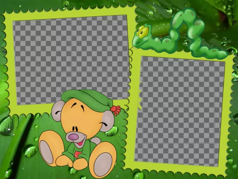 Frame for two photos in the predominantly green leaves which feed a caterpillar and a teddy bear sitting on the floor..