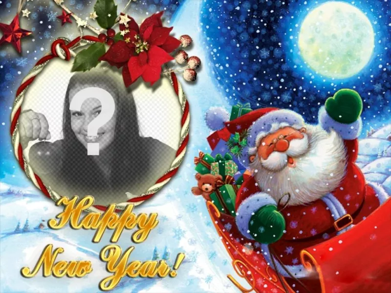 Photomontage to put your picture in a rounded photo frame with a loop, in which Santa Claus congratulates us the new..