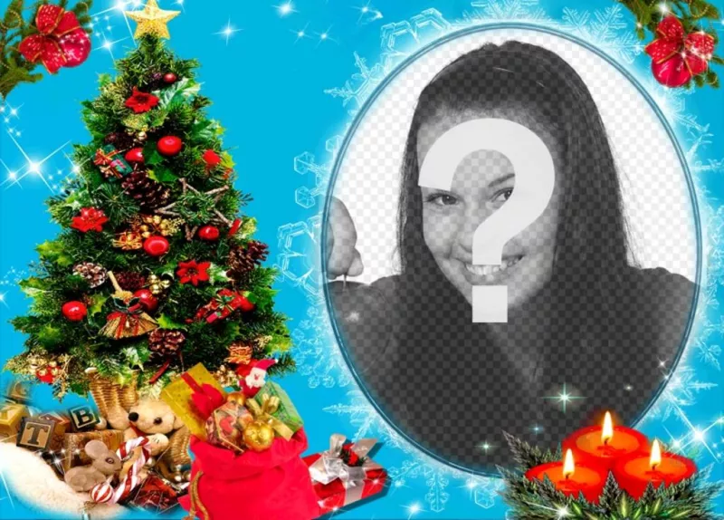 Your photo in a circular frame, next to a Christmas tree full of gifts, and behind three candles drawn. Blue background with glitter..