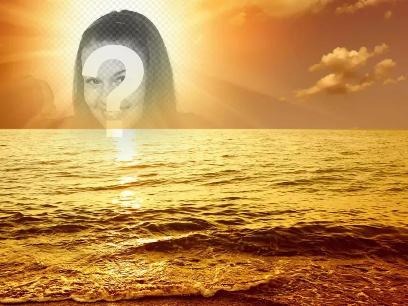Photomontage with a sunset marina, where a cut face or image appears in the center of the sun, bathing in a golden glow a slight sea..