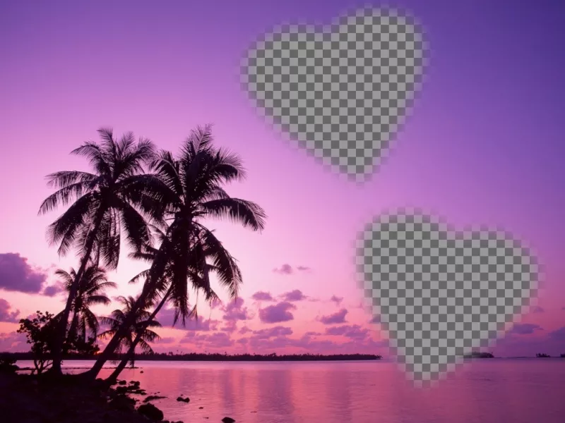 Card where you can put two photos heart-shaped with an idyllic landscape of sea and palm trees in shades of..