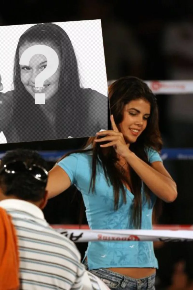 In this montage, a beautiful girl with a blue shirt, smiling while holding your photo as a poster at the break of a boxing match, as announcing the next..