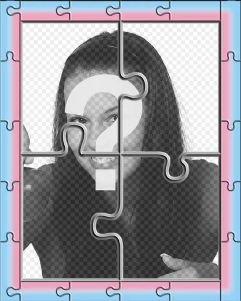 Photomontage mimics a puzzle to a picture frame with pink and blue border. Turn your photo into a..