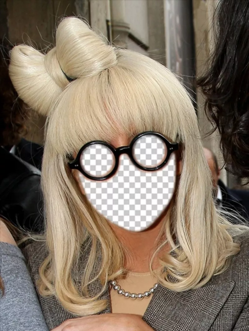 Photomontage with the face of Lady Gaga blonde with round glasses. ..