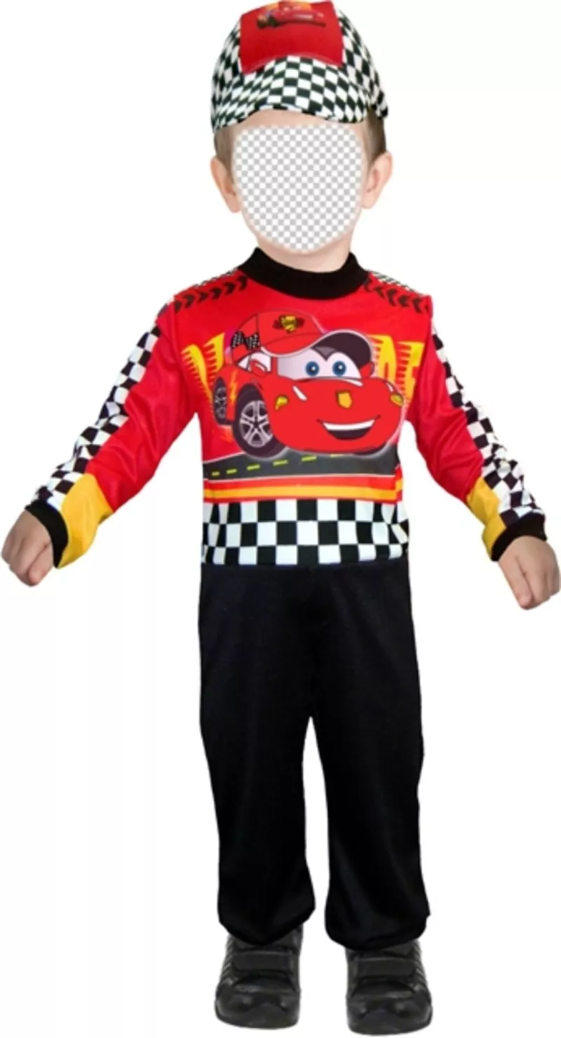 Customizable photomontage of a child dressed as a race car driver ..