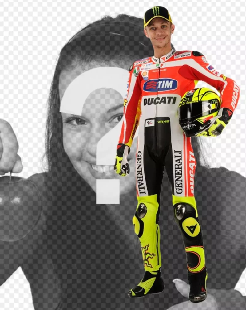 Photomontage with Valentino Rossi, Moto GP runner, in his Ducati uniform and a helmet under his arm. Appear next to the famous biker, (now in Yamaha) and add text in the image for..