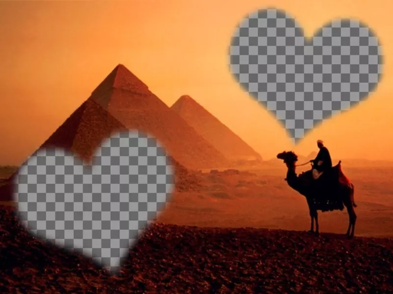 Photomontage in Egypt with pyramids and a camel and a semi-transparent frame shaped heart on which to place a..