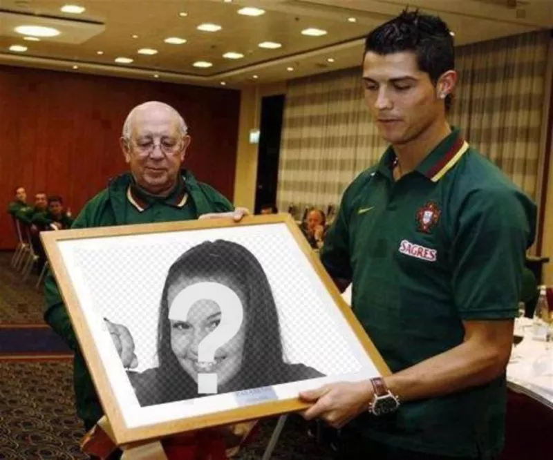 Photomontage of Christiano Ronaldo holding a frame with your picture which you can customize by adding text for free and..