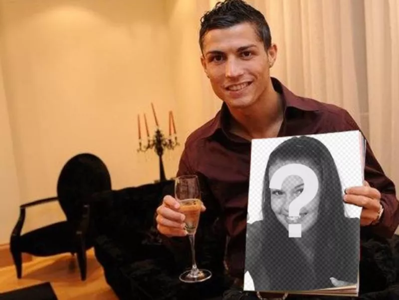 Photomontage with Cristiano Ronaldo holding a magazine with your picture on its cover and a glass of champagne in the other..