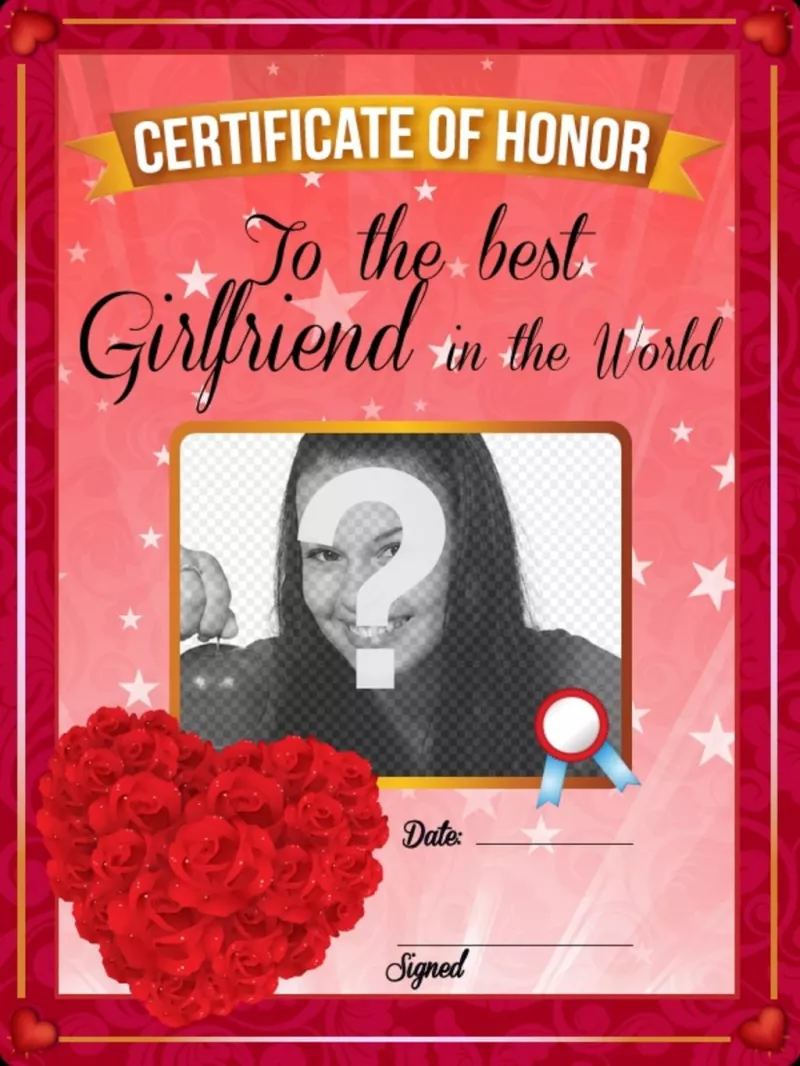 Certificate to the best girlfriend in the world with red roses in heart shape to personalize with a..