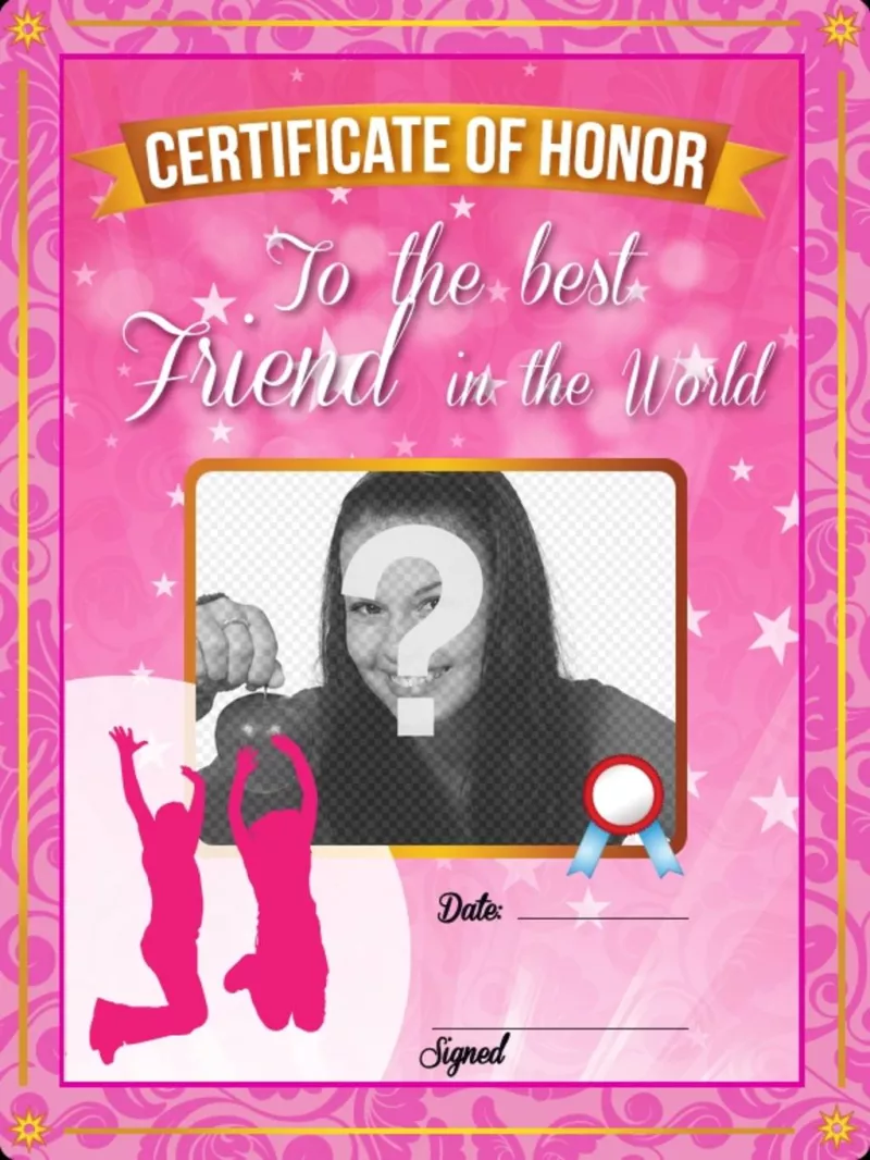 Pink certificate with stars and sparkles to give to your best friend and put a picture on it and text..