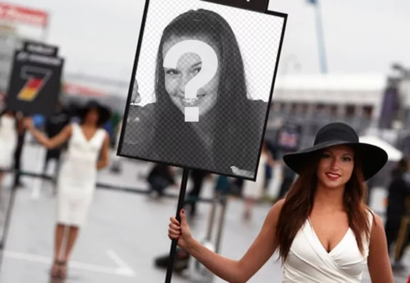 Photomontage with a photo of a Formula One girl with a sign to put your..