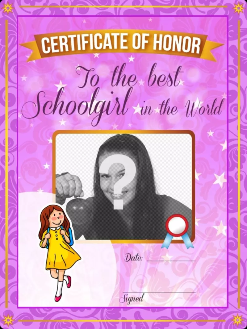 Certificate to personalize with a photo to the best student in the world with a purple..