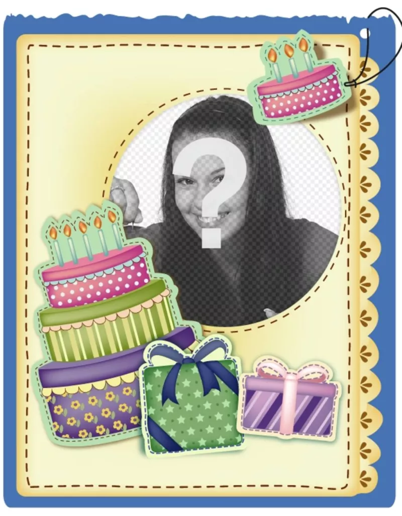Birthday card with cake and gifts sticker effect put the picture and the words of greeting you..