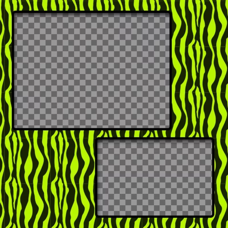 Create a collage with green and yellow zebra patterned and two photos..