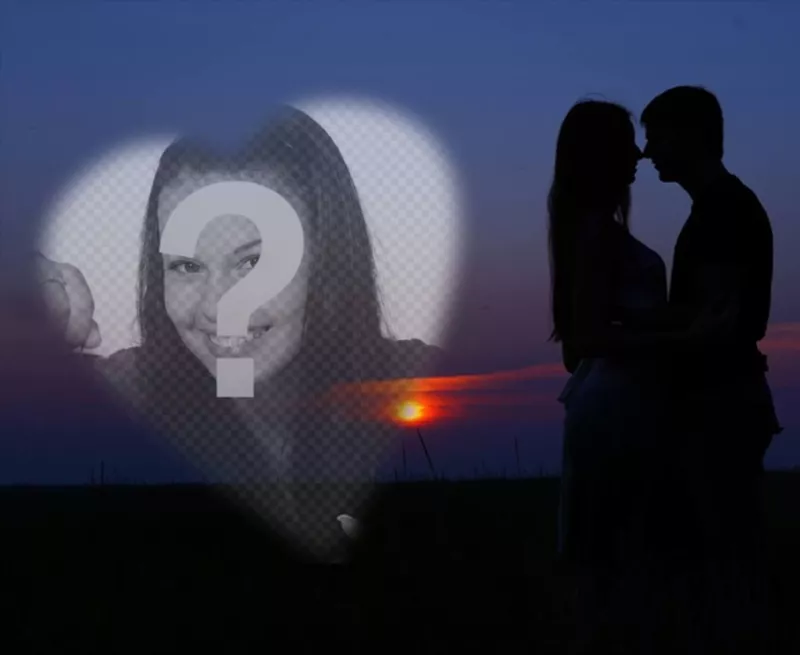 Photomontage with a couple in love with a sunset in the background and a heart to put a romantic..