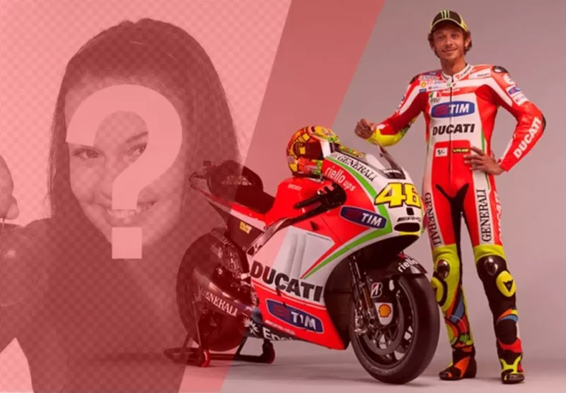 Create a photomontage with Valentino Rossi, motorcycle racer, with his red and white bike and a red filter to your..