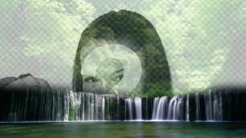 Create a photomontage with a waterfall in the forest and put a photograph on the green..