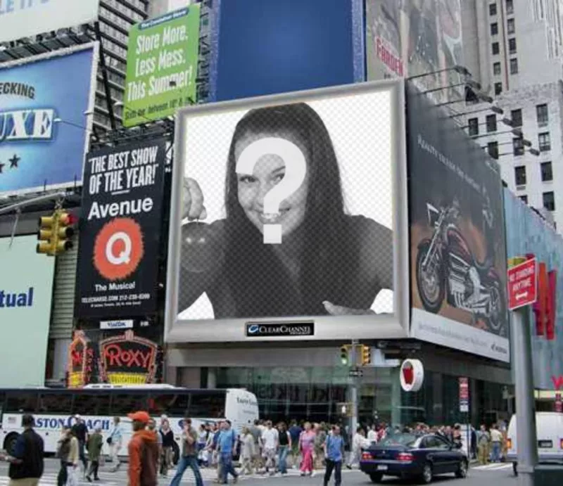 Photomontage, a staff of an urban environment, with an advertising screen, among many posters. Your photo appears on it. You can send it as a joke to your..