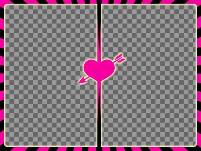 Fuchsia and black frame for two photos with a heart with arrow in the center to create photo collages with your romantic..