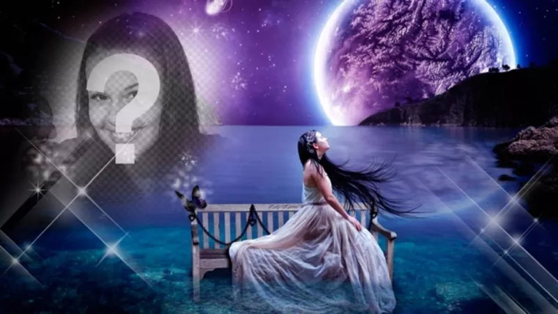 Create a fantasy collage into a dreamscape with the moon and the sea in the background and a picture of yourself melting into the starry..