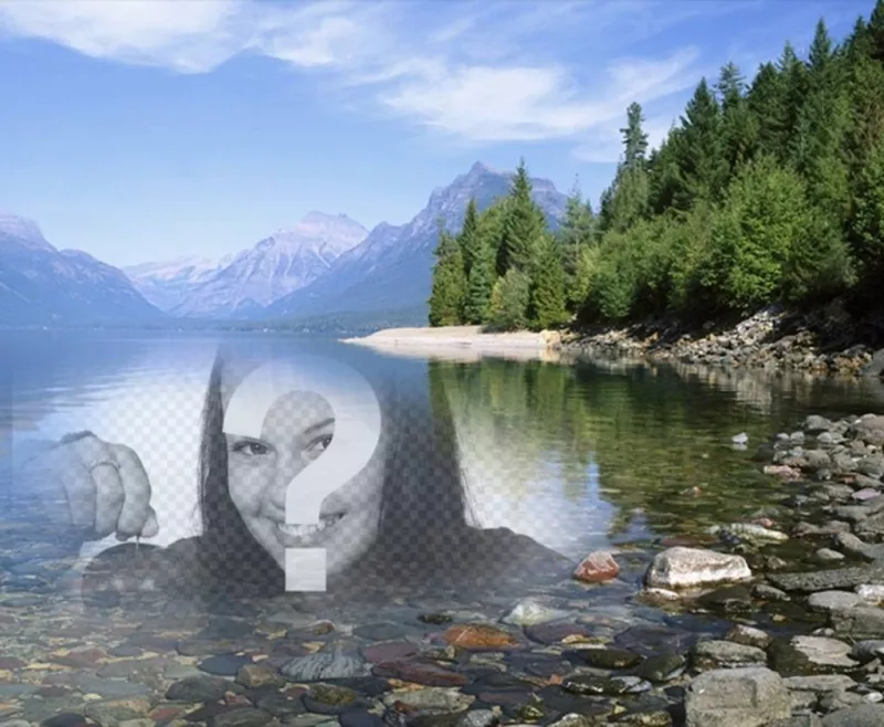 Photomontage to put a photo in the water of a lake or river beside a forest with trees and snow capped..
