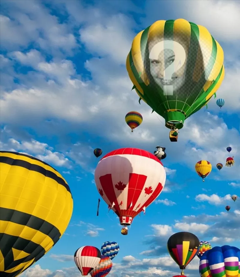 Photomontage with colorful balloons flying in the blue sky where you can put a photo on the fabric of one of the..
