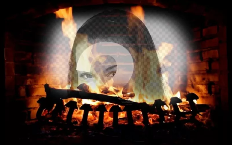 Photomontage with the image of a fireplace with burning logs and your online uploaded picture overlaid with the..