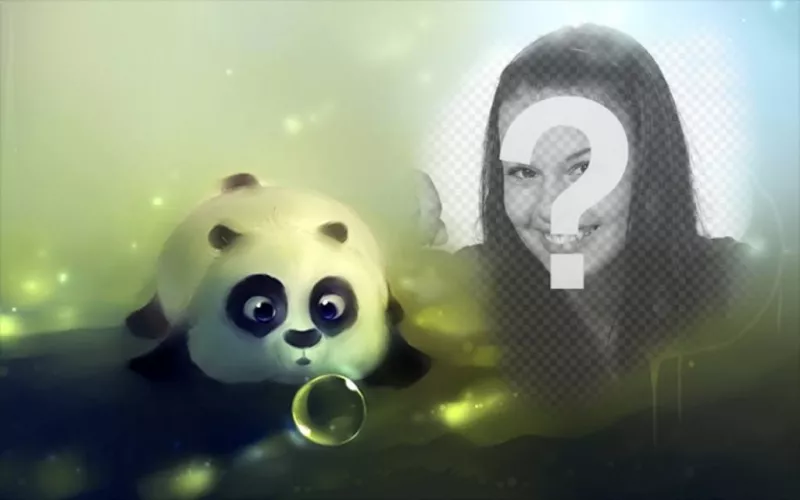 Photomontage with a panda drawn blowing a soap bubble and a hole on the right to put a..