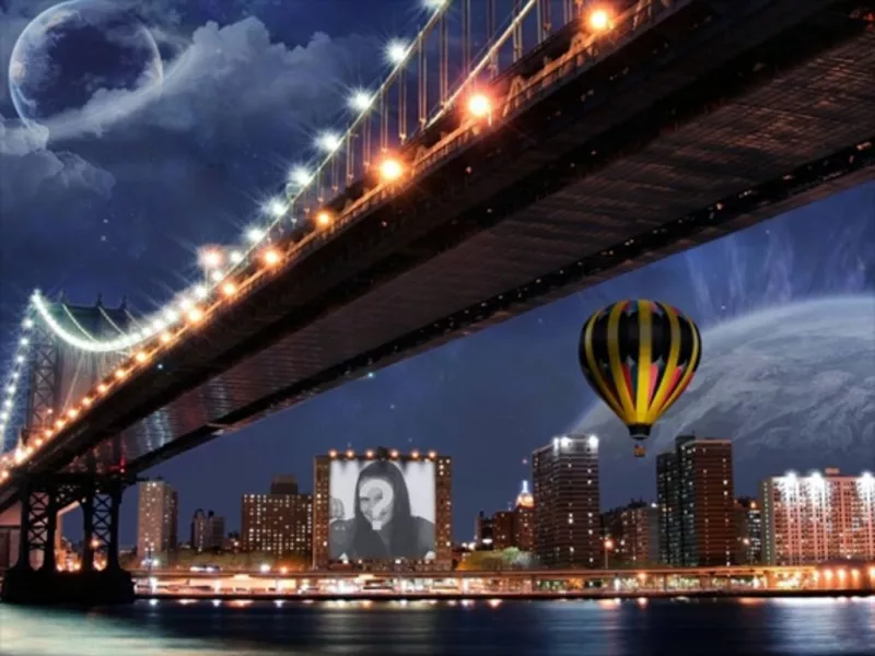 Photomontage on a poster of a building next to a balloon and a bridge. ..