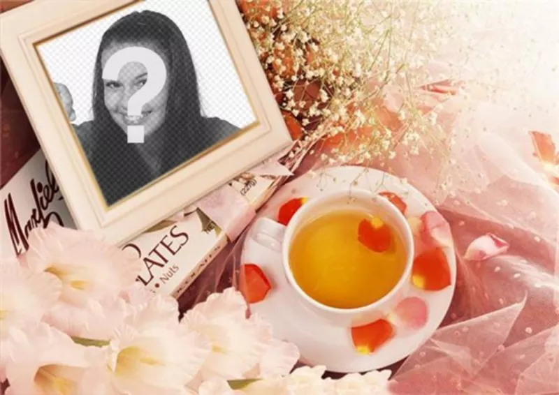 Photo frame with flowers to put your picture with rose petals and a cup of tea. ..