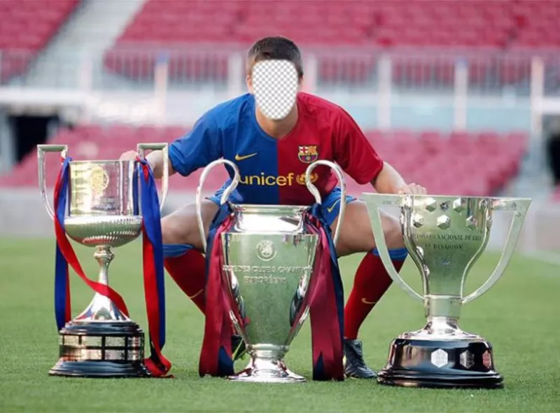Photomontage of Gerard Pique of FC Barcelona with three cups ..