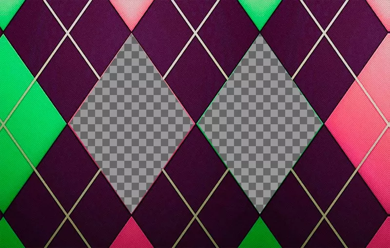 Collage for two pictures with a diamond patterned green, pink and purple tweed. ..