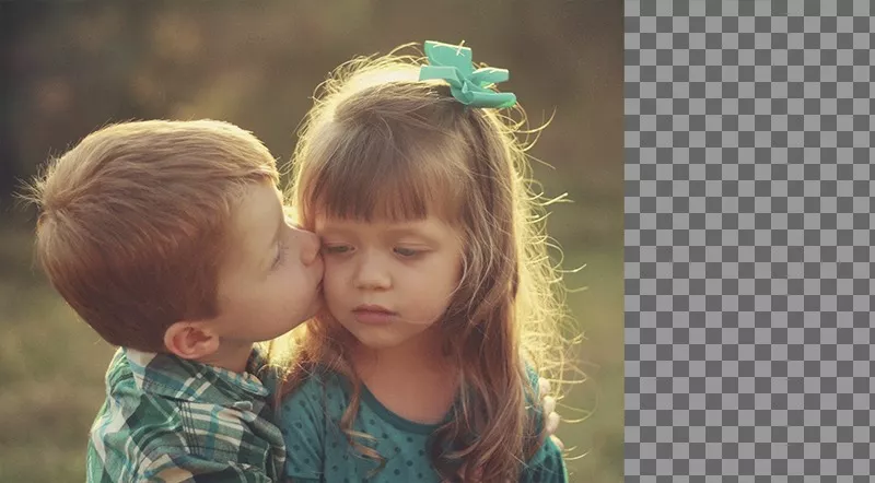 Frame for two photos with a couple of children kissing tenderly. ..
