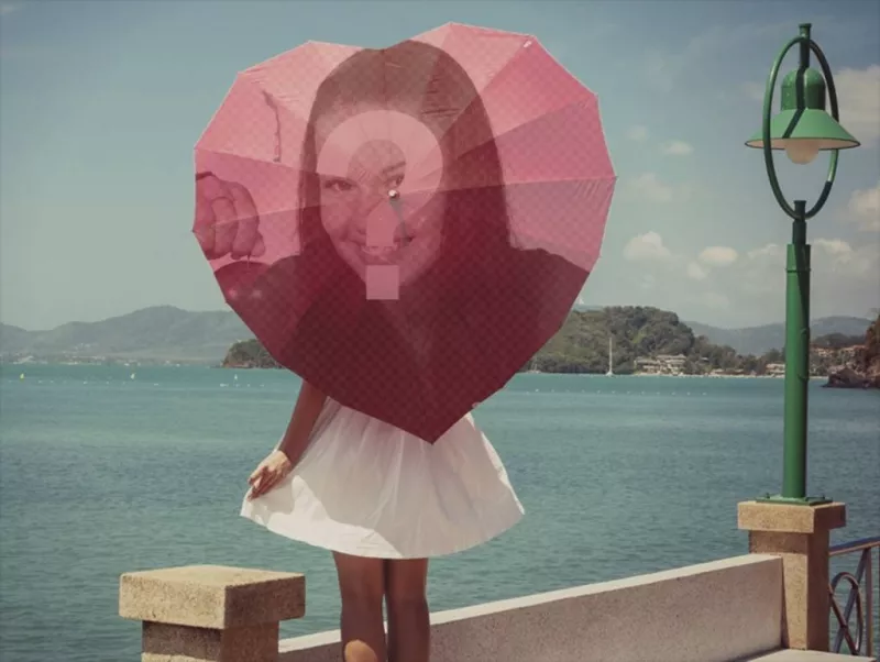 Photomontage in the sea with an umbrella in the shape of a heart on a romantic background. ..