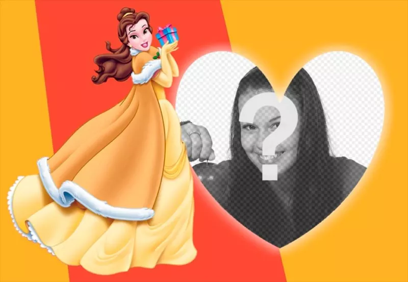 Composition with Princess Belle from Beauty and the Beast with a gift and a photo with your heart. ..