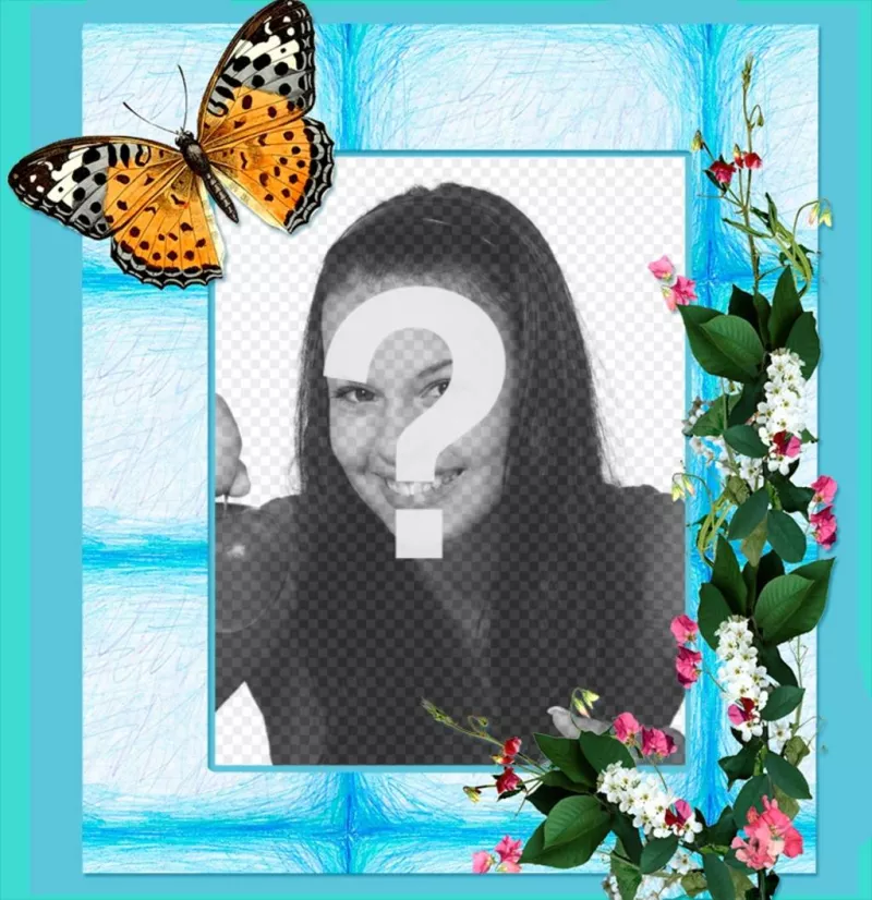 Photo frame for your photos with flowers and butterfly on a blue background. ..