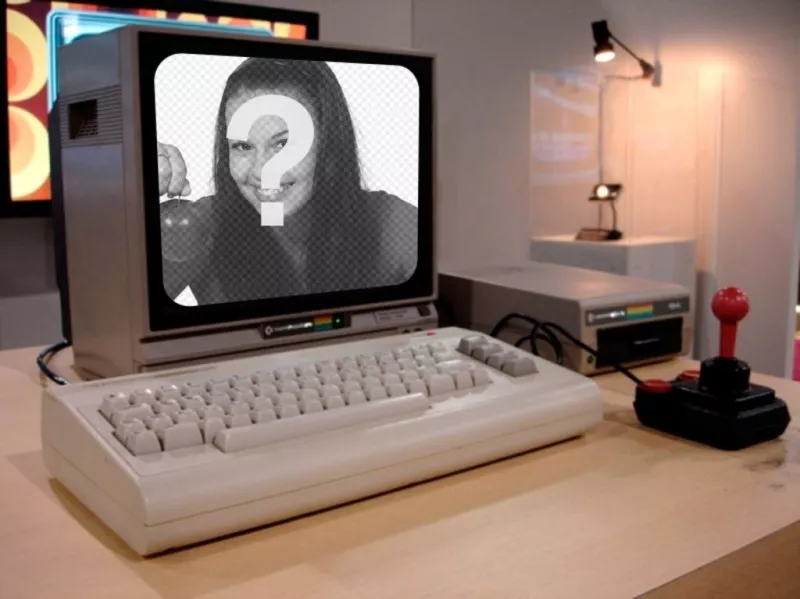Collage with a Commodore 64 and a joystick. ..