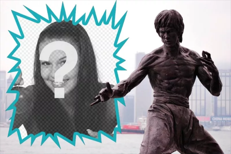 Collage with a statue of Bruce Lee ..